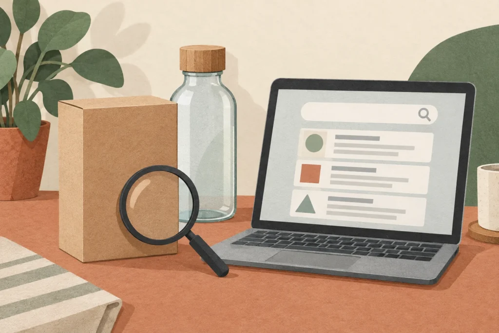 Illustration med en omärkt förpackning, ett förstoringsglas och en abstrakt produktsökning